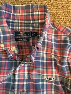 Vineyard Vines Boy’s Whale Performance Button Down Shirt in Blue and Pink Plaid